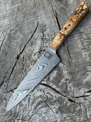 165mm/6.5"  Stainless Damascus Honesuki with Spalted Maple and Stainless hardware