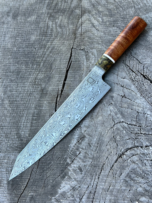 240mm/9.5" Kiritsuke with Damasteel and handle made of Koa, Corian, and Spalted Maple