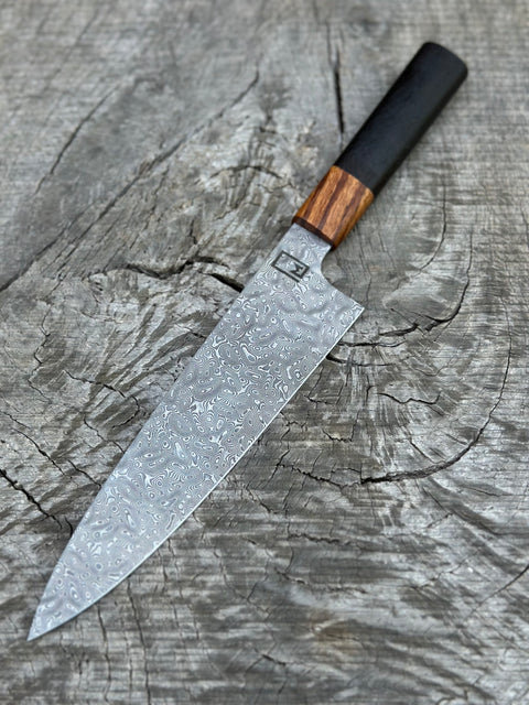 8.5 Hybrid Chef Knife with full tang, carbon Damascus Random Pattern –  Monolith Knives
